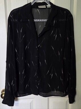 Gloria Vanderbilt Black Sheer Button-Up Blouse with White Feather Print